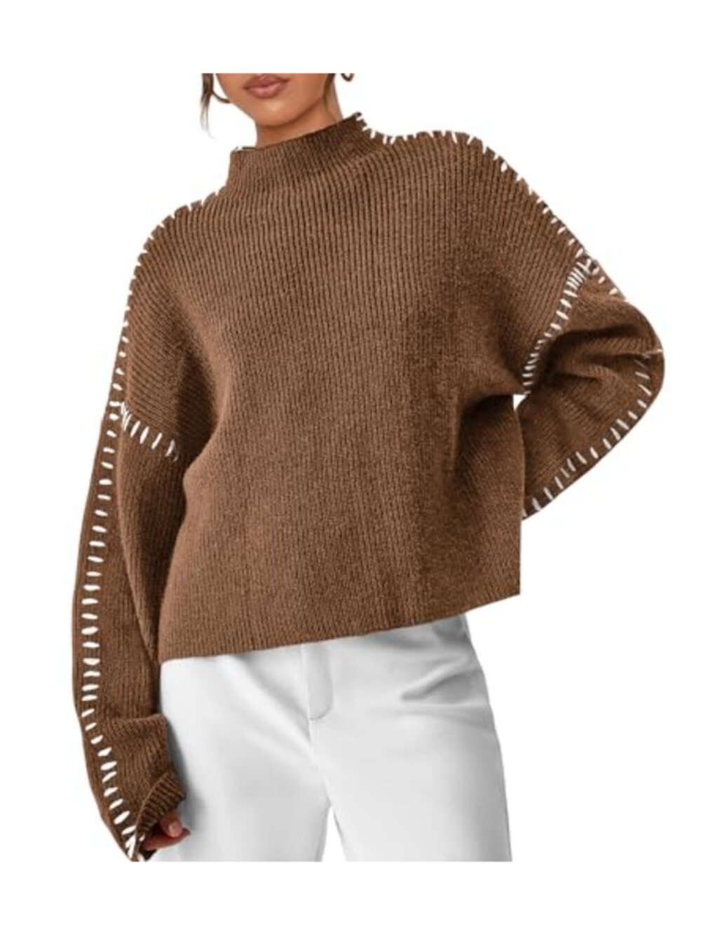 Womens Chunky Knit Oversized Pullover Sweater Mock Neck Long Sleeve